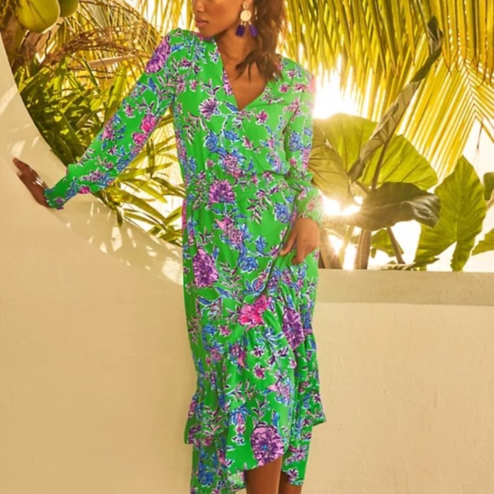 NWT Lilly Pulitzer Cristiana Gecko Green Brewsters Blooms Midi Dress Size 8